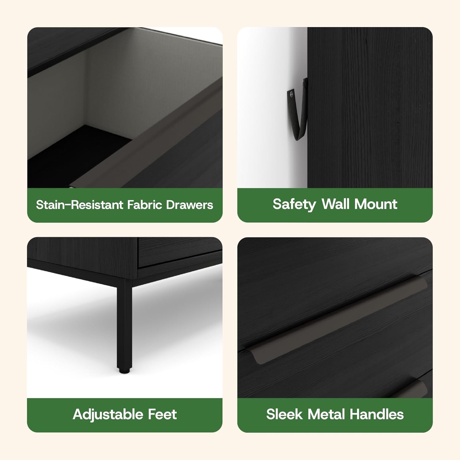 Lira Premium Fabric Dresser - Solid Wooden Frame, 8 Spacious Sag-Proof Drawers with Sleek Metal Handles - Premium & Durable Storage Solution for Your Home (Black)