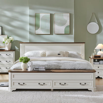 Farmhouse King Bed with Headboard and Storage Bench, Rustic Wood Platform Bed with 80" Storage Chest W/ 4 Large Drawer (Antique White)