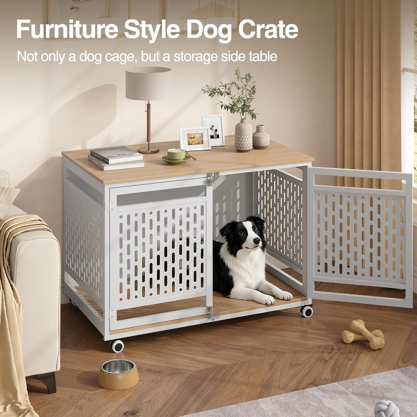 40.1" Dog Crate Furniture for Medium and Large Breed, Decorative Dog Kennel Indoor with Lockable Wheels, Heavy Duty Wooden End Side Table Pet Cage, Chew-Resistant, White