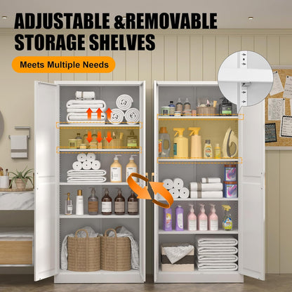 71" Tall Metal Storage Cabinet, Kitchen Pantry Storage Cabinets with Doors and 4 Shelves, White Pantry Cabinet, Utility Kitchen Cupboard, Large Steel Cabinets for Dining, Office, Living Room