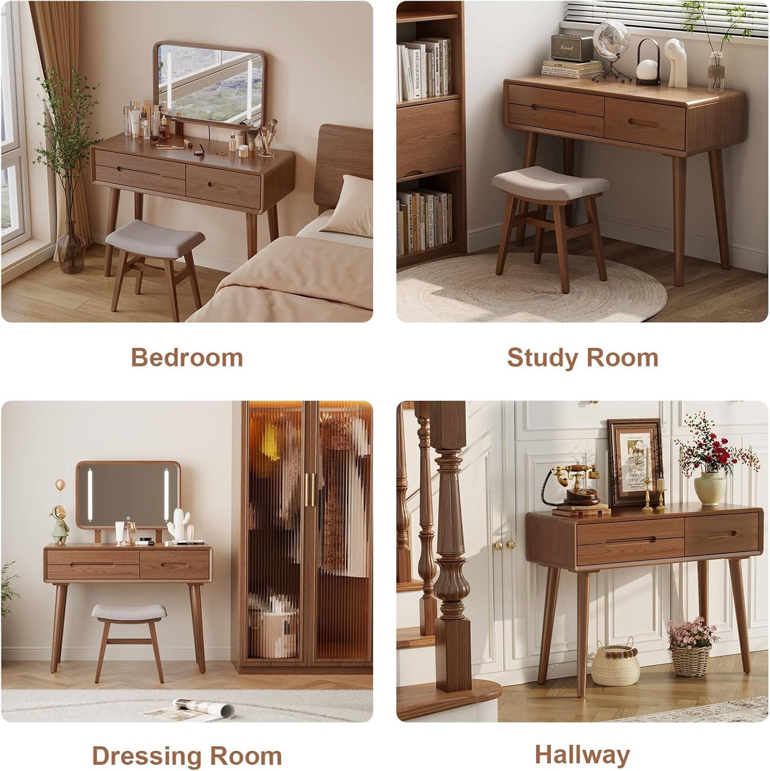 Solid Wood Vanity Desk with Mirror and Lights,Adjustable Height and Brightness, Makeup Vanity with 3 Drawers,Semi-Assembled,Dressing Table for Bedroom and Living Room (Walnut)