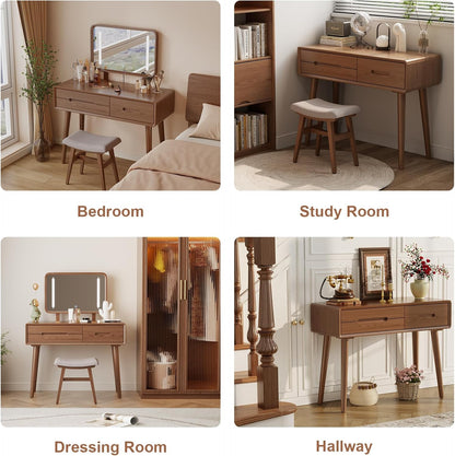 Solid Wood Vanity Desk with Mirror and Lights,Adjustable Height and Brightness, Makeup Vanity with 3 Drawers,Semi-Assembled,Dressing Table for Bedroom and Living Room (Walnut)