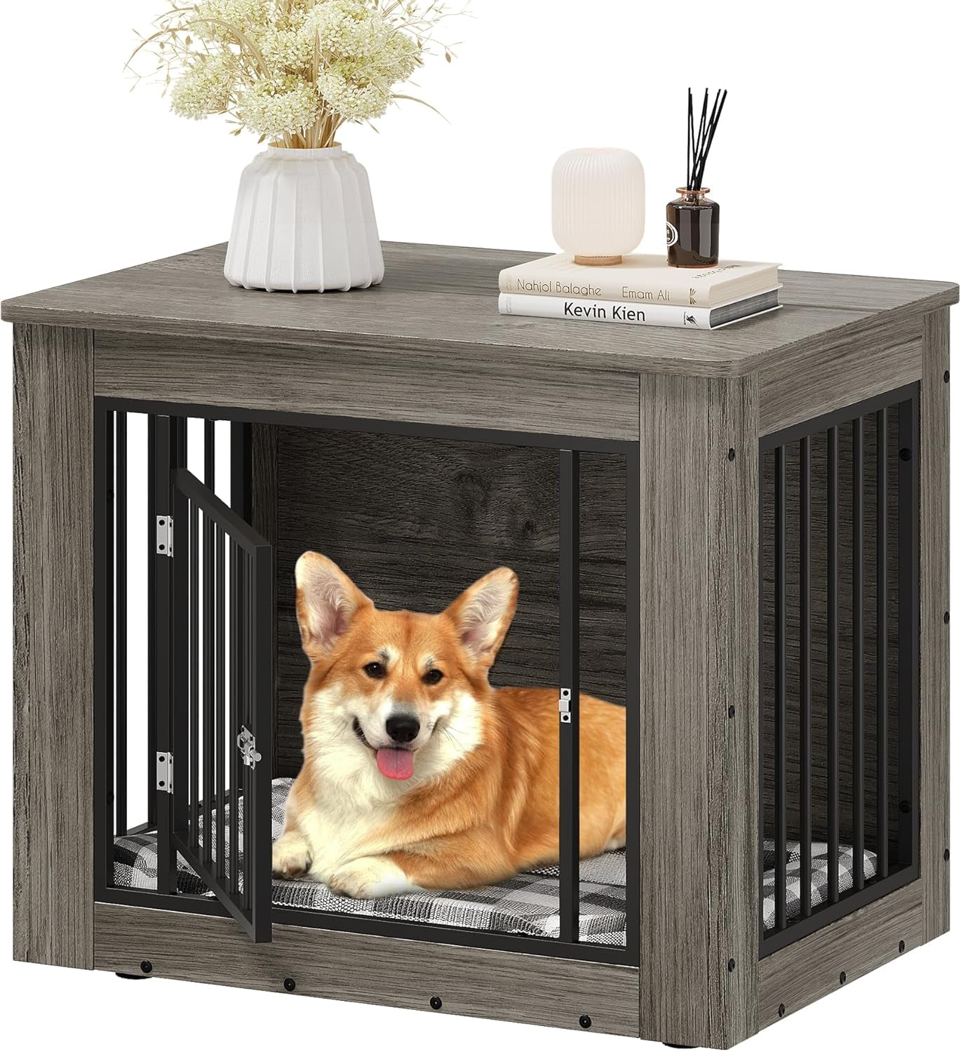 32.5" L Dog Crate Furniture for Medium Dogs, 2-In-1 Iron-Wood Fusion Dog Cage Indoor up to 40 Lb, Side End Table, Modern Dogs Kennel with Waterproof Top, Safety Corners,Steel Lock,Grey