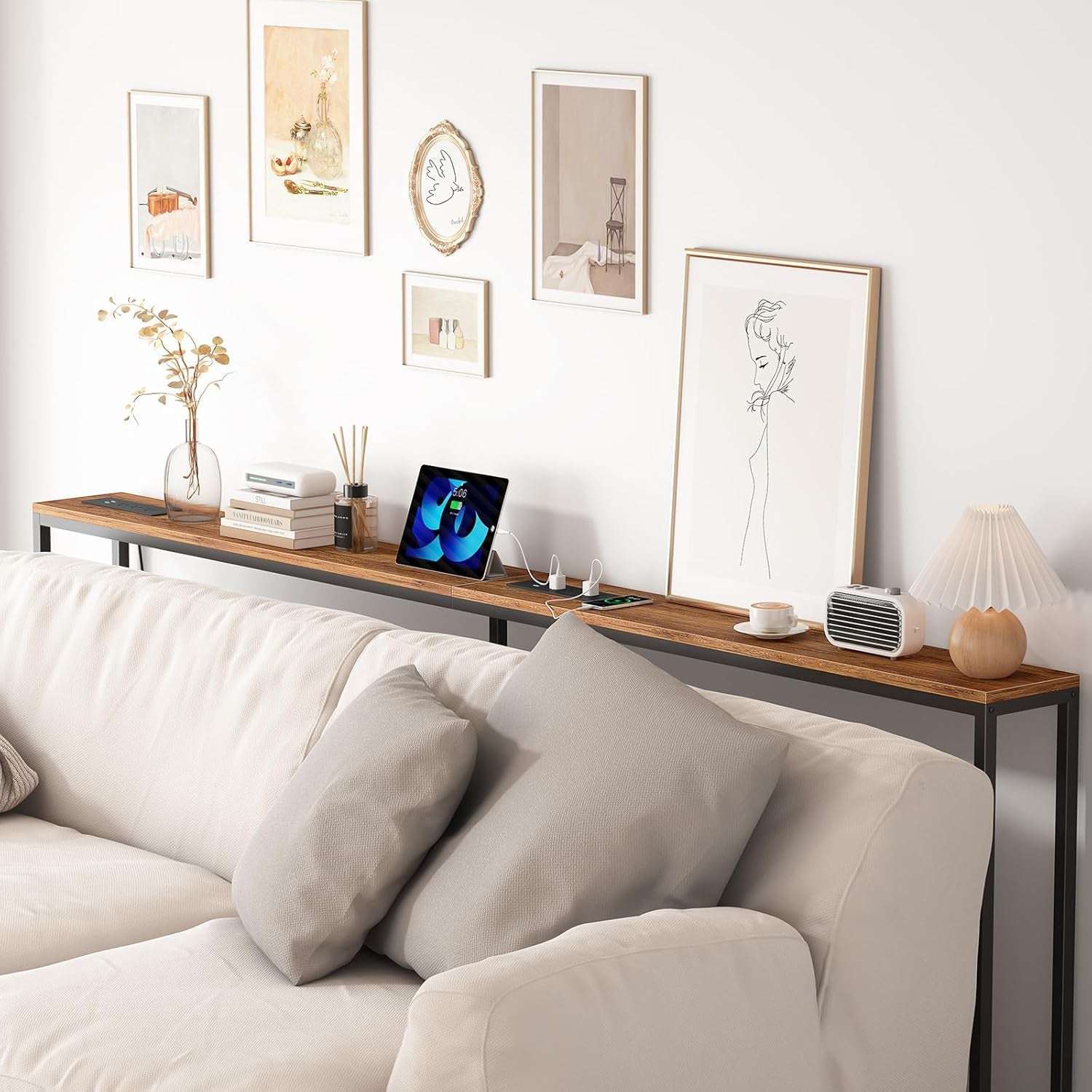 80.7'' Narrow Sofa Table with 2 Power Outlets (6 AC Outlets & 4 USB Ports), Thin Console Tables Narrow Long, behind Couch Table Skinny for Entryway, Living Room, Hallway, Foyer, Rustic Brown