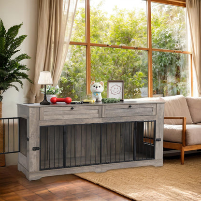 Large Dog Crate Furniture-Decorative Heavy Duty Dog Cage Indoor, Wooden Dog Cage End Table with Charging Station, Dog House with 2 Drawers (White, 70.86''L)