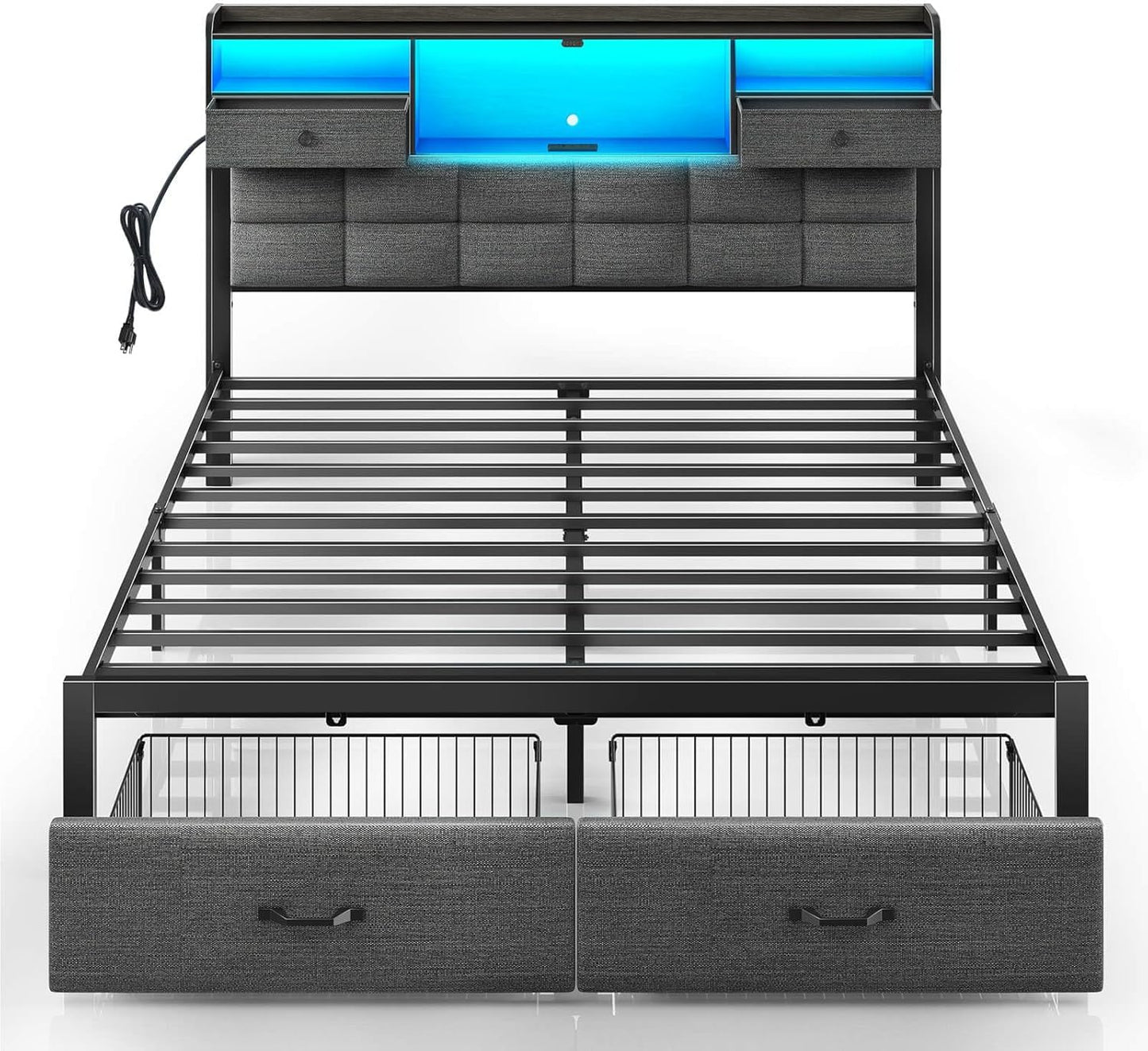 Bed Frame Full Size with Drawers and Charging Station, Upholstered Platform Bed with Storage Headboard and LED Light, Heavy Duty Metal Frame Support, No Box Spring Needed, Noise Free, Grey