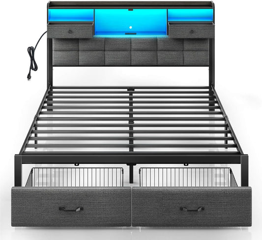 Bed Frame Full Size with Drawers and Charging Station, Upholstered Platform Bed with Storage Headboard and LED Light, Heavy Duty Metal Frame Support, No Box Spring Needed, Noise Free, Grey
