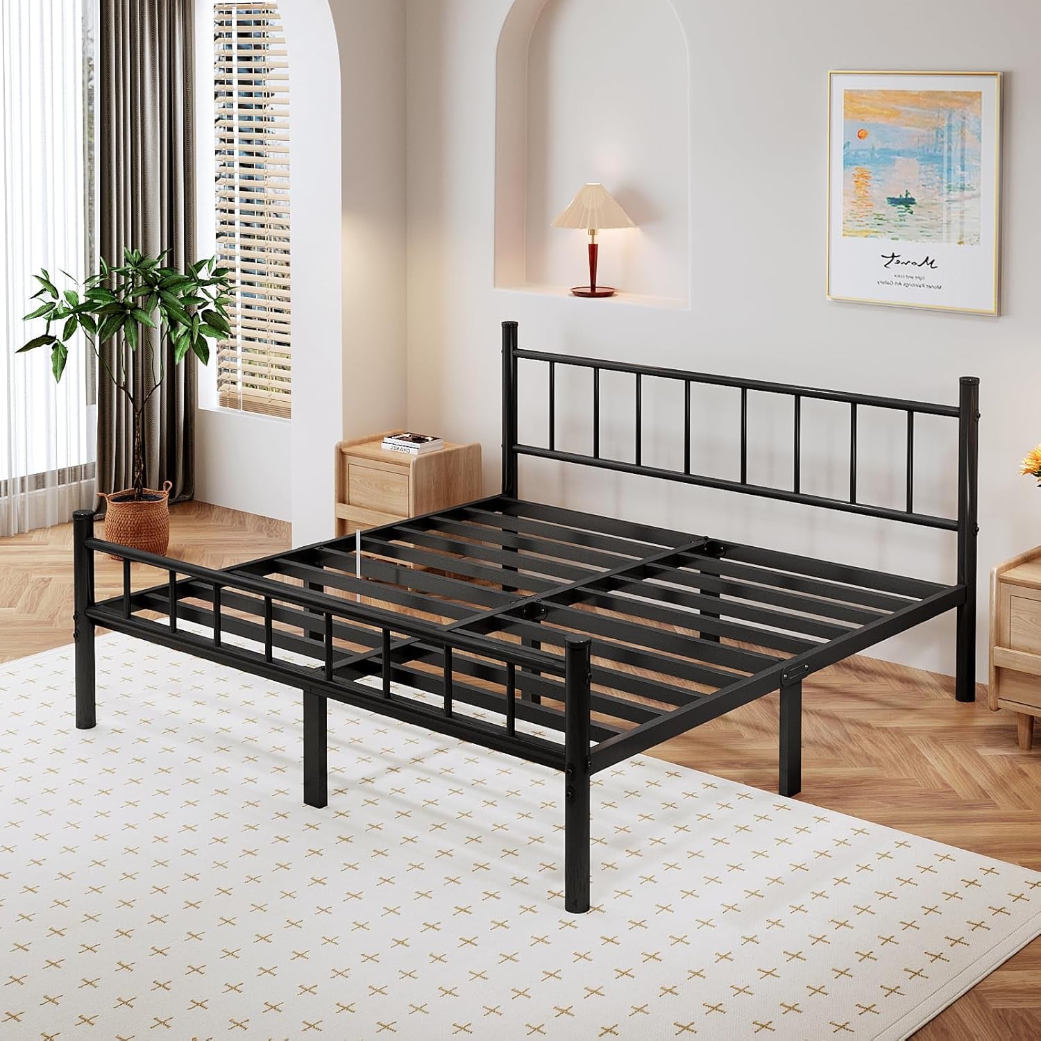 King Size Metal Bed Frame with Headboard & Footboard 14 Inch Metal Platform Mattress Foundation Support with Steel Slat, under Bed Storage, No Box Spring Needed
