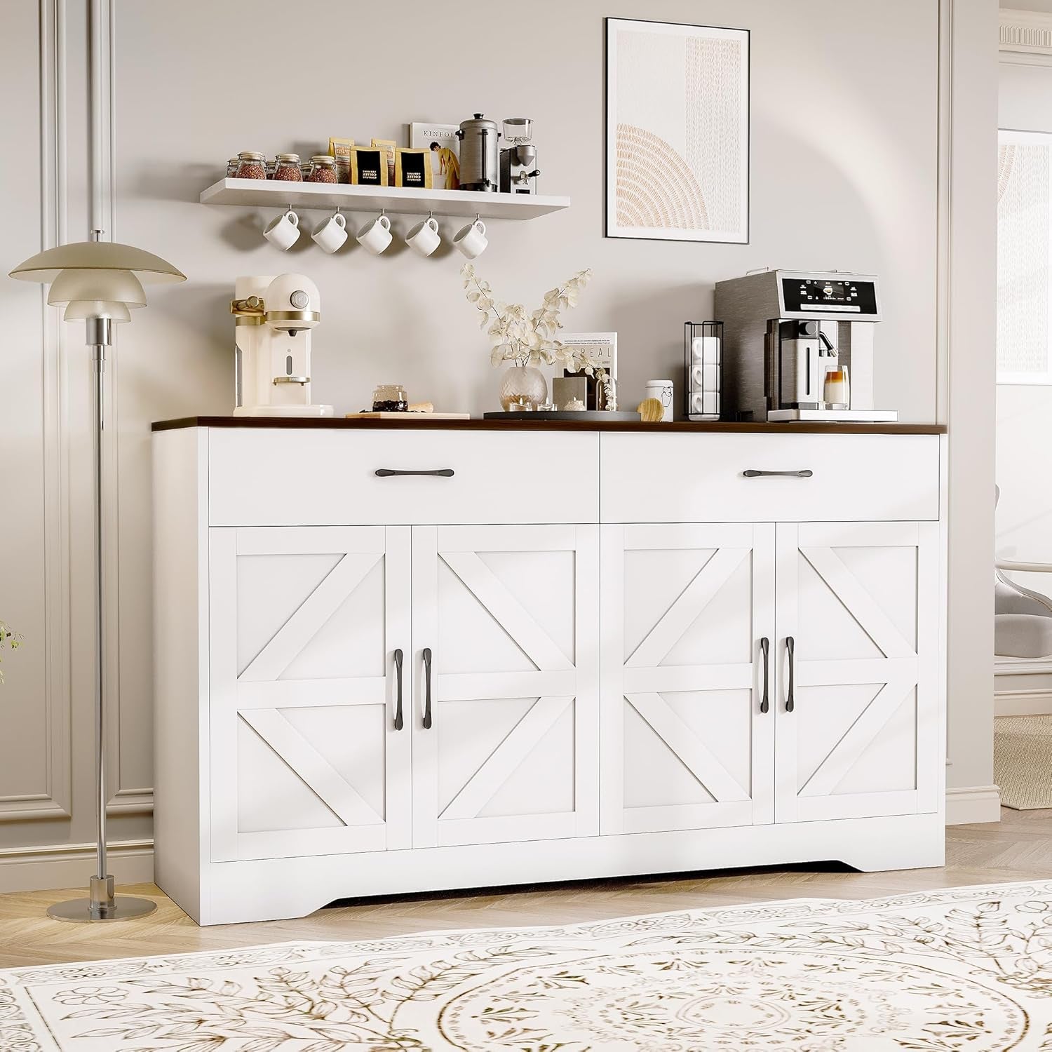 55" Sideboard Buffet Cabinet with Storage, Large Kitchen Storage Sideboard with Drawers & Doors, Modern Wood Farmhouse Coffee Bar Cabinet, Buffet Table for Kitchen, Dining Room, Living Room, White