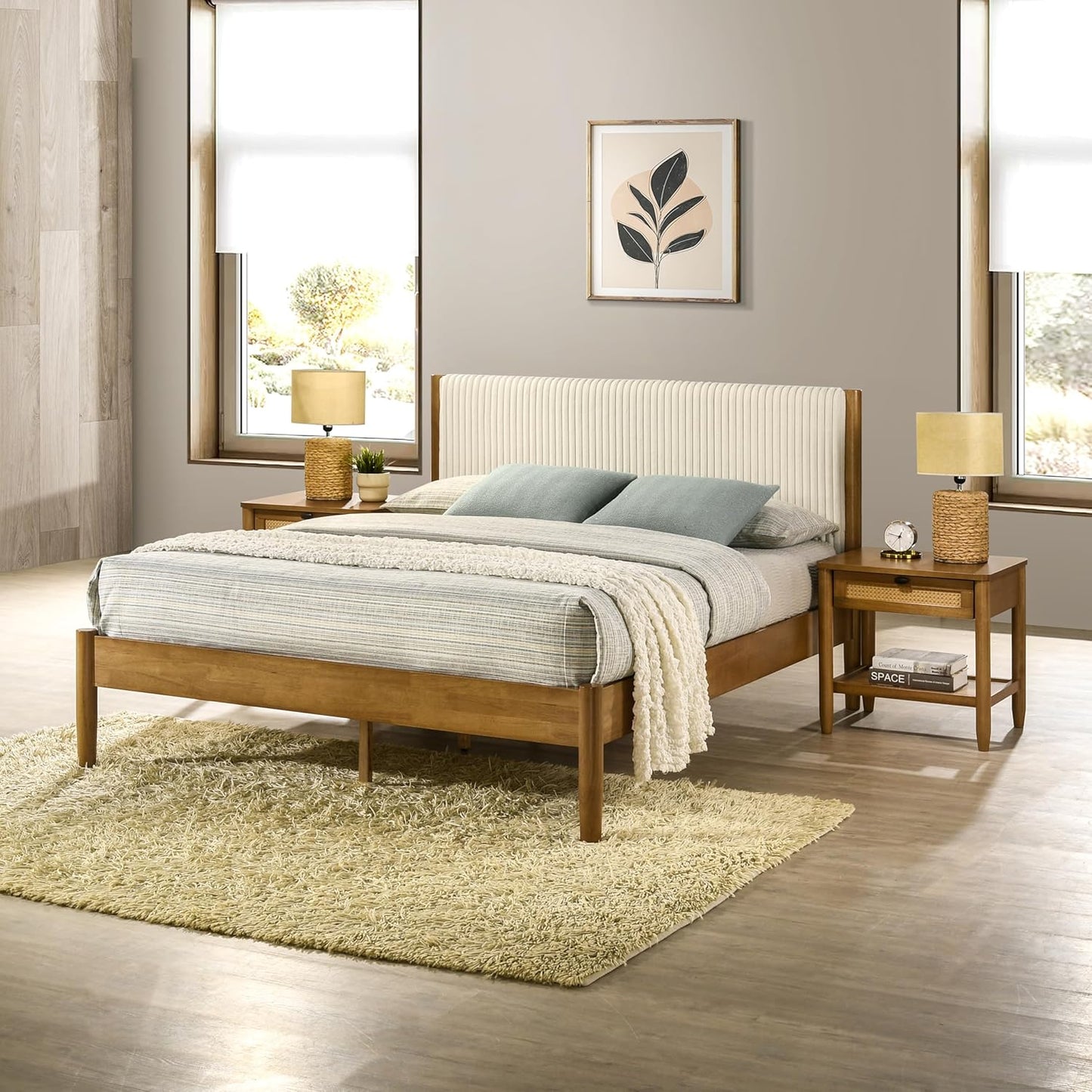 Vichy 2-Piece Rubberwood Bedroom Set with Upholstered Queen Bed and Nightstand, Corduroy