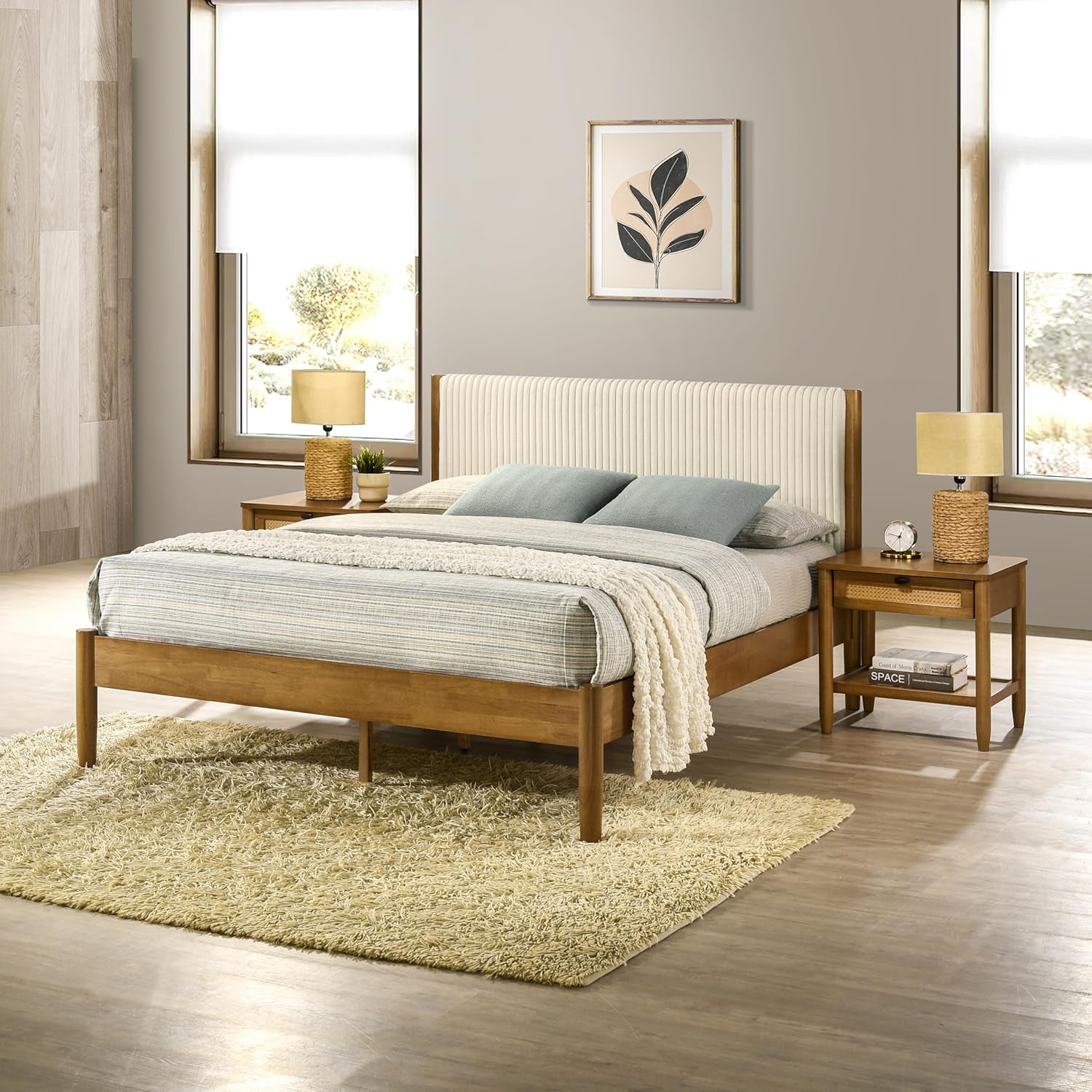 Vichy 2-Piece Rubberwood Bedroom Set with Upholstered Queen Bed and Nightstand, Corduroy