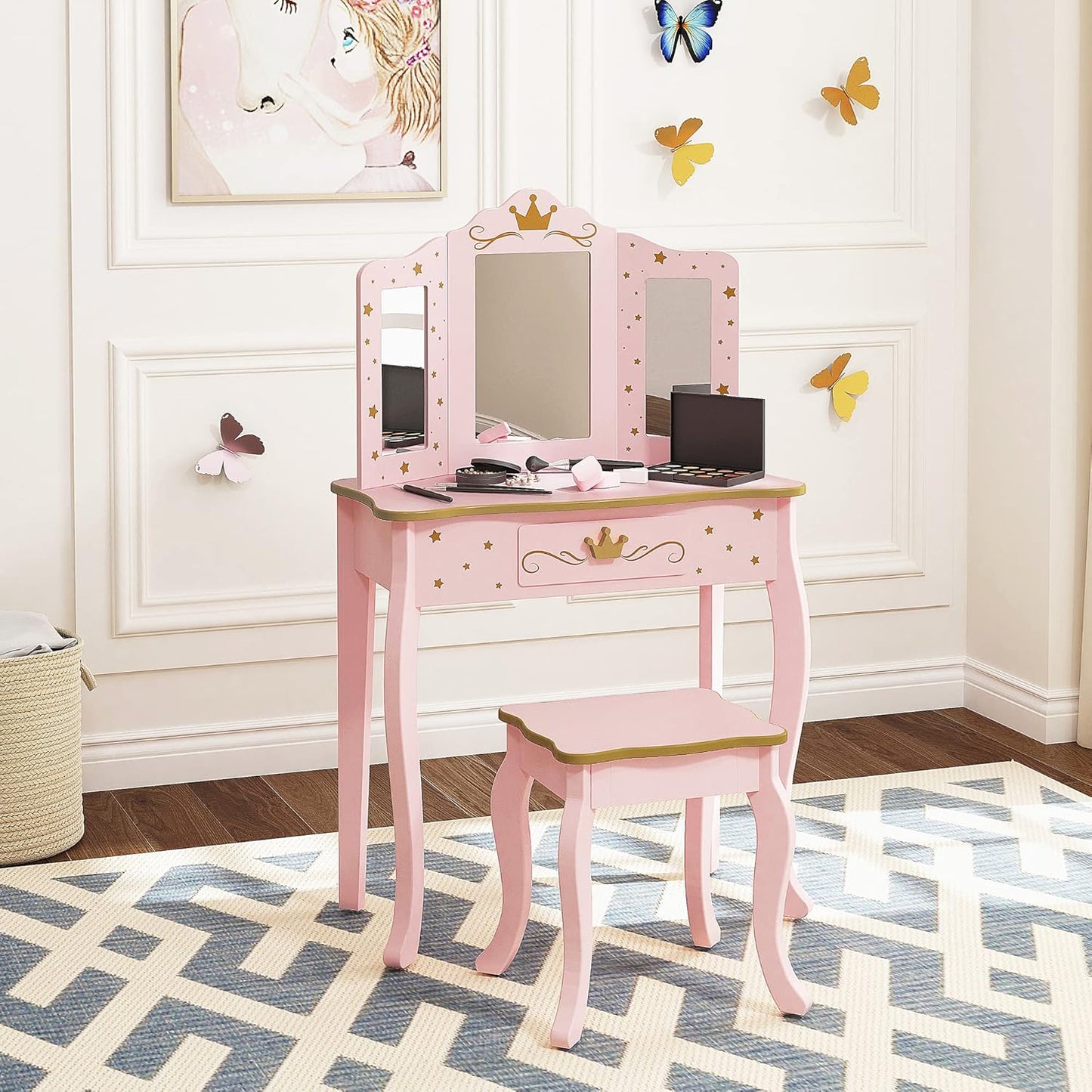 Pretend Play Kids Vanity Set with Mirror and Stool, Kids Make up Vanity Desk with Mirrror for Little Girls, Children Makeup Dressing Table with Drawer, Pink