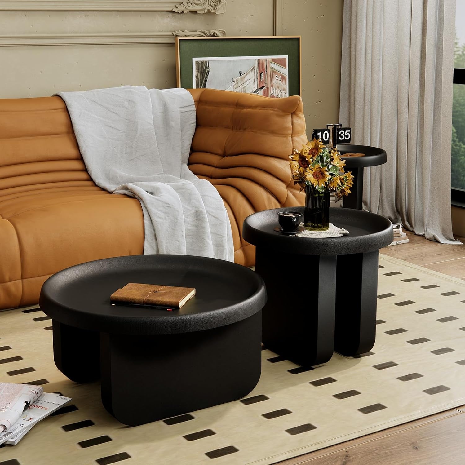 Modern round Coffee Table,Black Nesting Coffee Tables,Metal Center Table,Unique Circle Coffee Table for Living Room(Black, Great Circle：29.1 X 16.5（In）