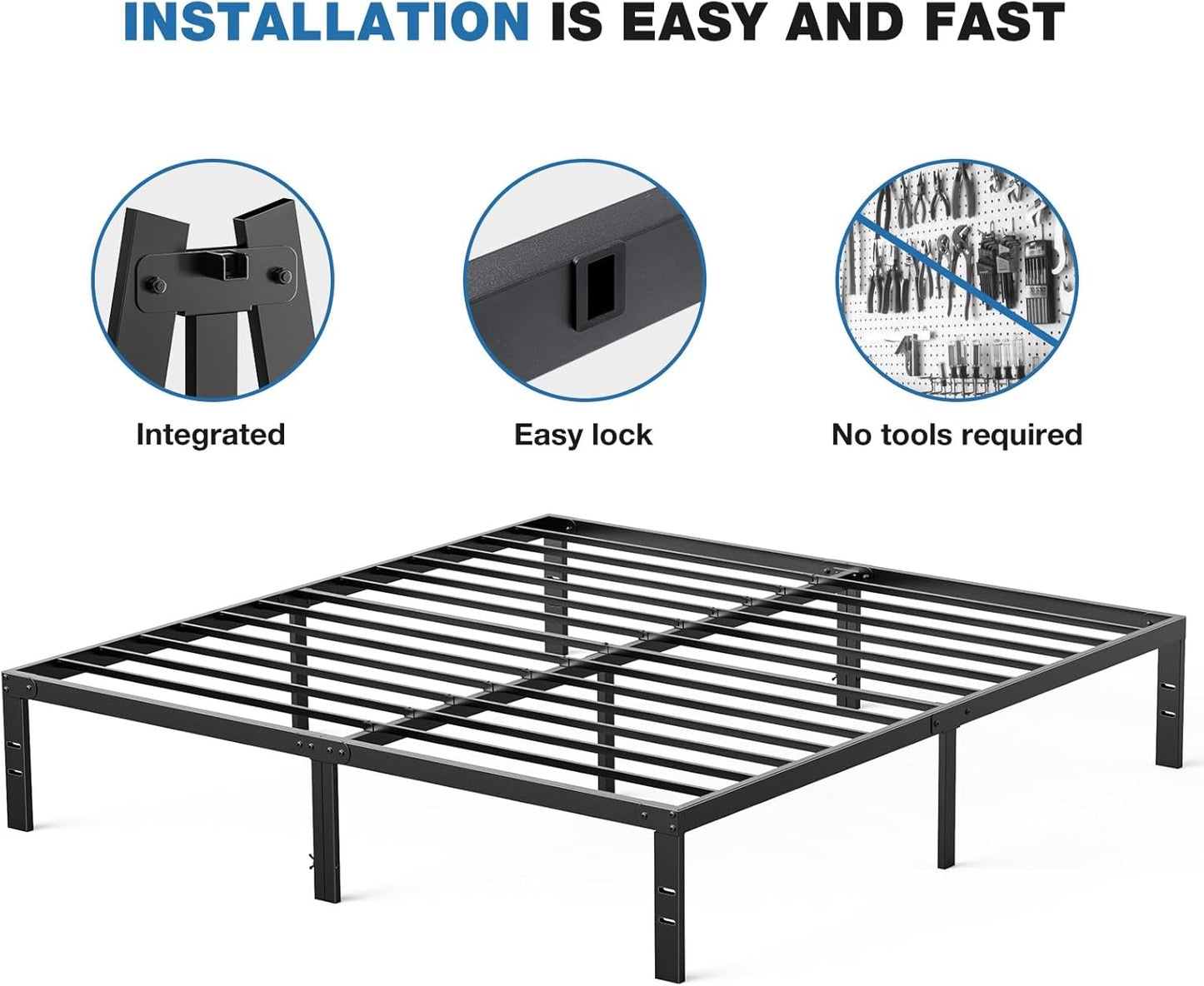 Metal King Bed Frame - 14In High with Storage Space, No Box Spring Needed with Sturdy Steel Slat Support, 2200LBS Heavy Duty for Easy Assembly, Black for Bedroom