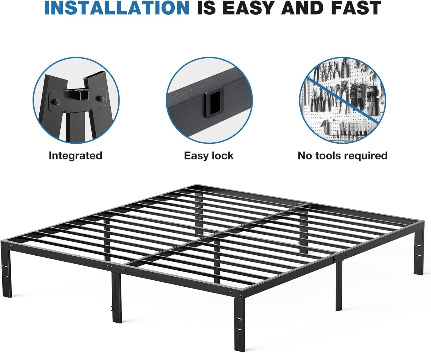Metal King Bed Frame - 14In High with Storage Space, No Box Spring Needed with Sturdy Steel Slat Support, 2200LBS Heavy Duty for Easy Assembly, Black for Bedroom