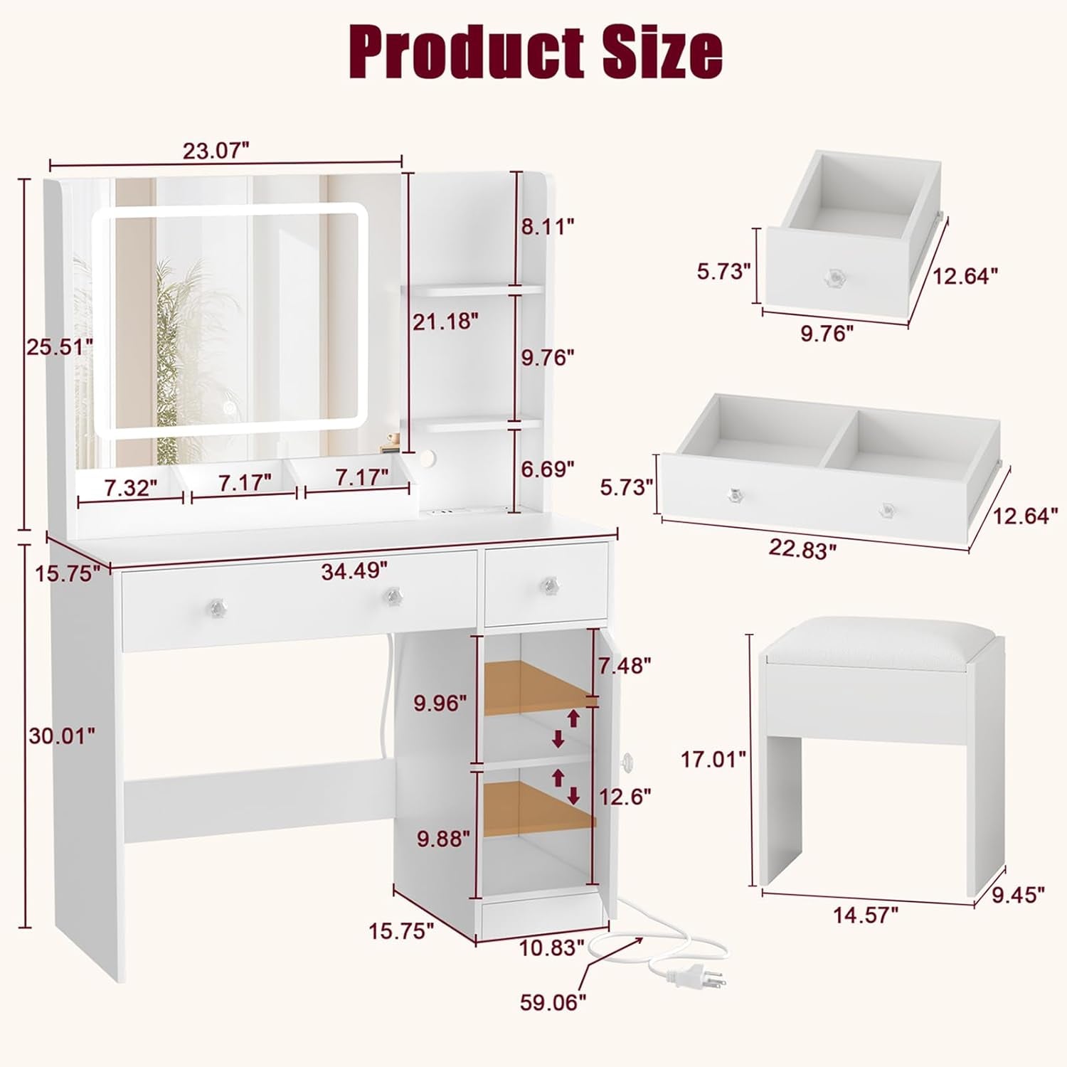 Makeup Vanity Desk with Mirror and Lights,Vanity Set with Mirror and Stool and Lights 3 Color,White Vanity Desk with Drawers,Make up Table with Power Outlet,Dressing Table with Cabinet,Storage Shelves