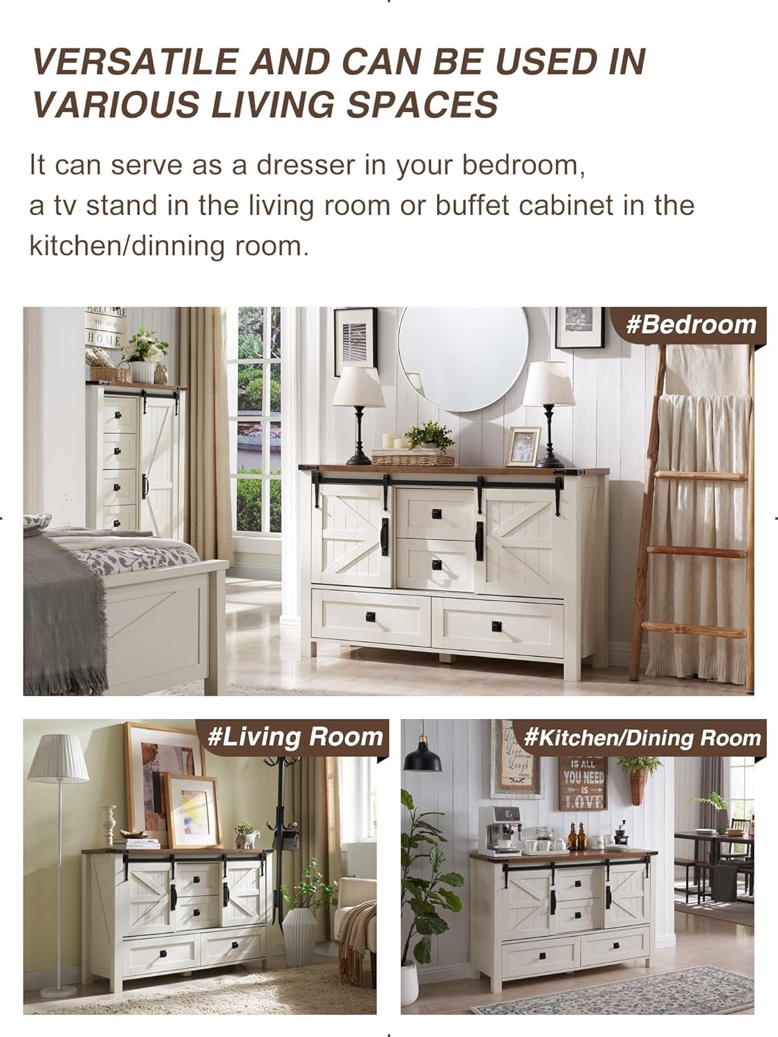 Farmhouse Dresser for Bedroom W/4 Drawers & Sliding Barn Doors, 48'' Wide Chest of Drawers, Rustic Dresser TV Stand W/Shelf, Organizer for Bedroom, Living Room, Entryway, Antique White