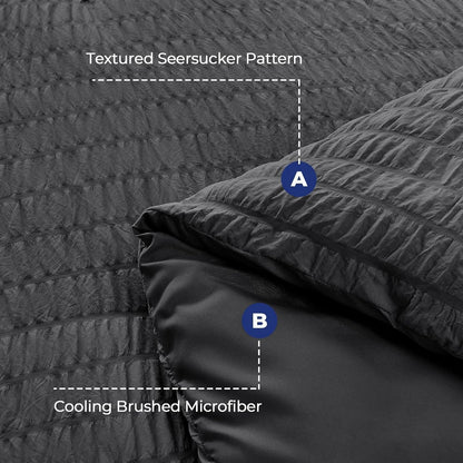 7 Piece King Size Comforter Set Seersucker, All Season Luxury Bed in a Bag for Bedroom, Bedding Set with Comforters, Sheets, Pillowcases & Shams, Dark Grey