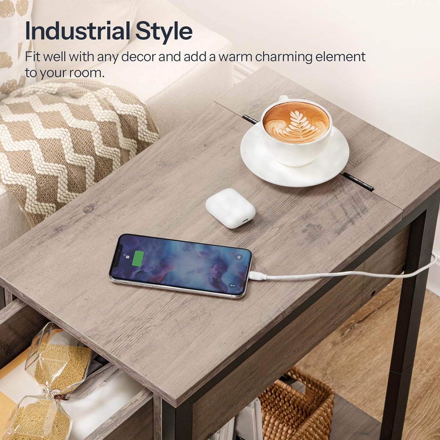 End Table with Charging Station, Narrow Side Table, Small Nightstand, Bedside Tables with Drawer and Storage Shelves, for Small Spaces, Living Room, Bedroom, Greige and Black BG041BZ01G1
