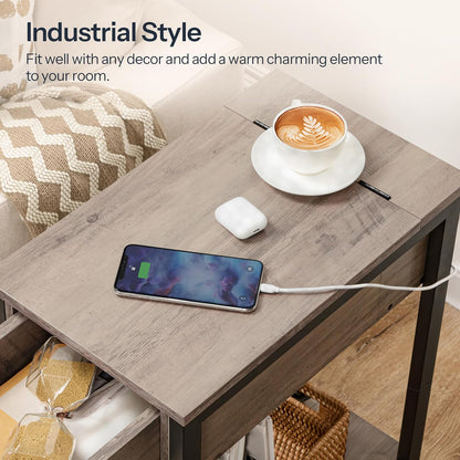 End Table with Charging Station, Narrow Side Table, Small Nightstand, Bedside Tables with Drawer and Storage Shelves, for Small Spaces, Living Room, Bedroom, Greige and Black BG041BZ01G1