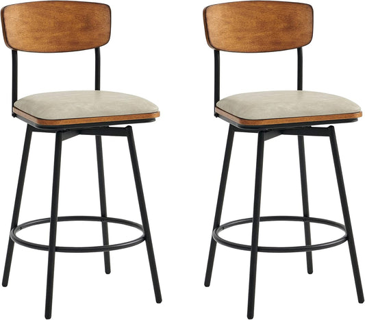 Swivel Counter Height Bar Stools with Back, Faux Leather Upholstered Barstools Set of 2, 27" Seat Height, Metal & Wood Frame, Sand Grey