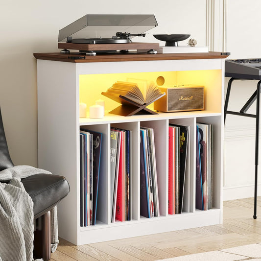 Farmhouse Large Record Player Stand with Power Outlets & LED Lights, Vinyl Record Stand Hold up to 150 Albums, Turntable Stand for Living Room, Bedroom, White