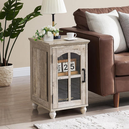 Narrow Side Table Set of 2,Farmhouse Nightstand with Charging Station,End Table with Glass Barn Door Storage, Cabinet Organizer with Adjustable Shelf, Night Stand for Small Spaces Living Room Bedroom