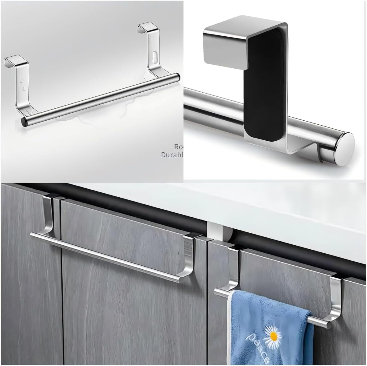 Over the Cabinet Towel Holder - 2 Pack Stainless Steel Door Mount Towel Bar, No Drill Hanger for Kitchen Cabinet & Pantry Organization