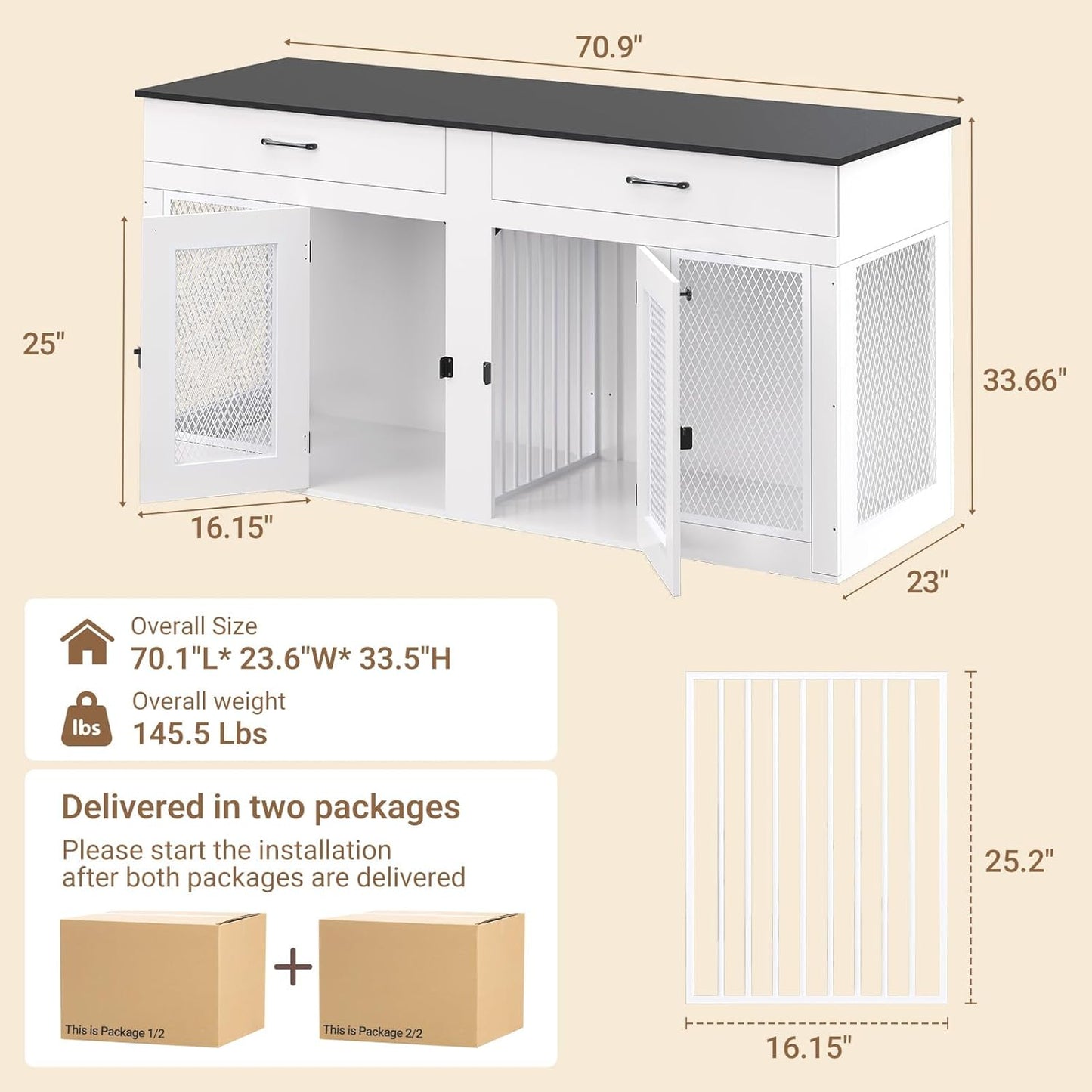 71 Inch Dog Crate Furniture for 2 Dogs，Xxl Thick Wooden Double Kennel TV Stand W/Removable Divider - Heavy Duty Indoor Cage for Large Breeds (Gray, 71L* 23.6W* 33.5" H)
