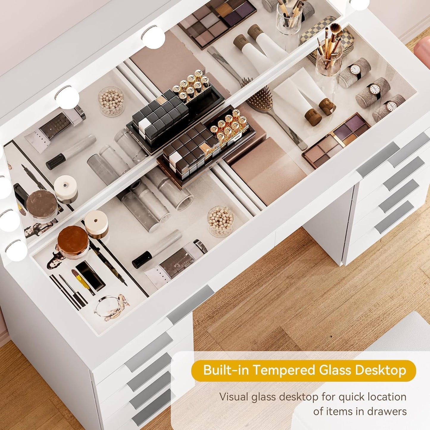 46'' Glass Top Makeup Vanity with 10 Drawers, Vanity Desk Set with Large LED Mirror, Built-In Charging Station & Cushioned Storage Chair, Dressing Table with 3-Color Light Modes, Cream White