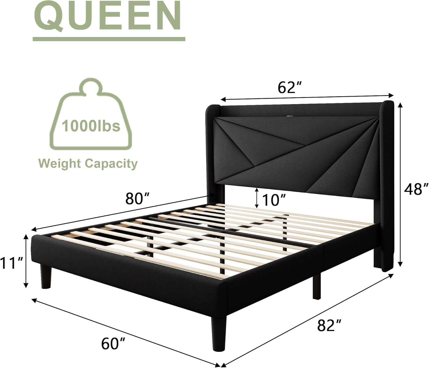 Queen Size Bed Frame with Charging Station, Linen Upholstered Platform Bed Frame with Wingback Storage Headboard, Solid Wood Slats Support, No Box Spring Needed, Noise Free, Black