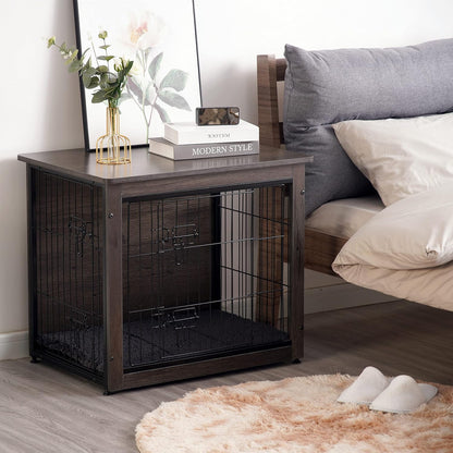 Dog Crate Furniture with Cushion, Wooden Kennel Table with Double Doors, Indoor Dog House, Medium Size, 32.5" L, Black+Gold