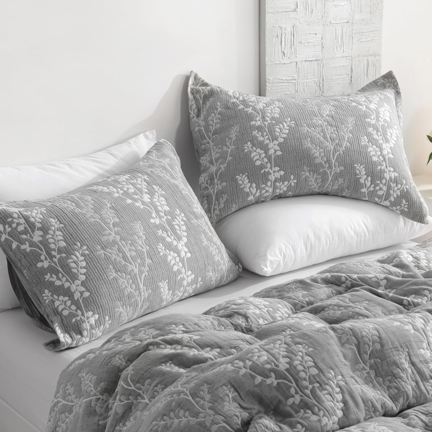 Cotton Queen Pillow Shams, 3 Layer Muslin Breathable Soft Thermal Yarn Dyed Sham Covers, 2 Pack 20X30 Oxford Pillowcases with Envelope Closure, Grey Tree