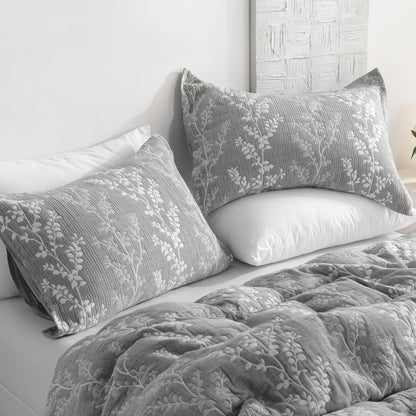 Cotton Queen Pillow Shams, 3 Layer Muslin Breathable Soft Thermal Yarn Dyed Sham Covers, 2 Pack 20X30 Oxford Pillowcases with Envelope Closure, Grey Tree