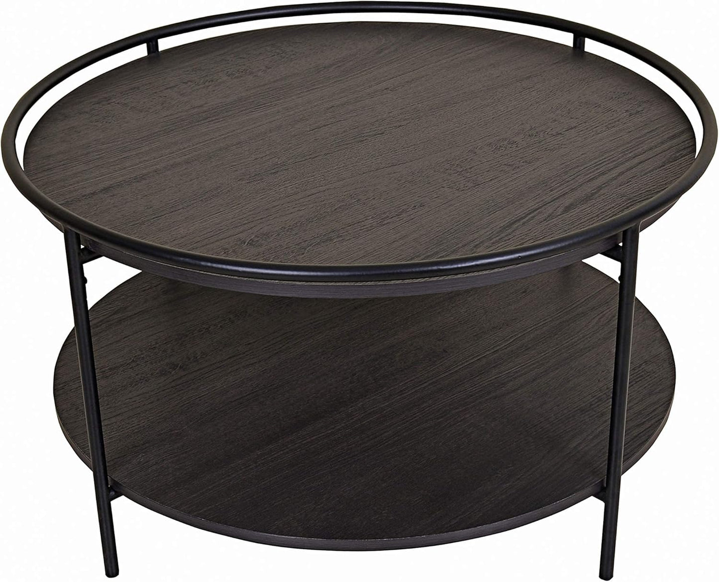 Paloma round Coffee Tea or Cocktail with Raised Tray Top Edge Tables, 2-Tier Minimalist Style Living Room, Dark Oak/Matte Black