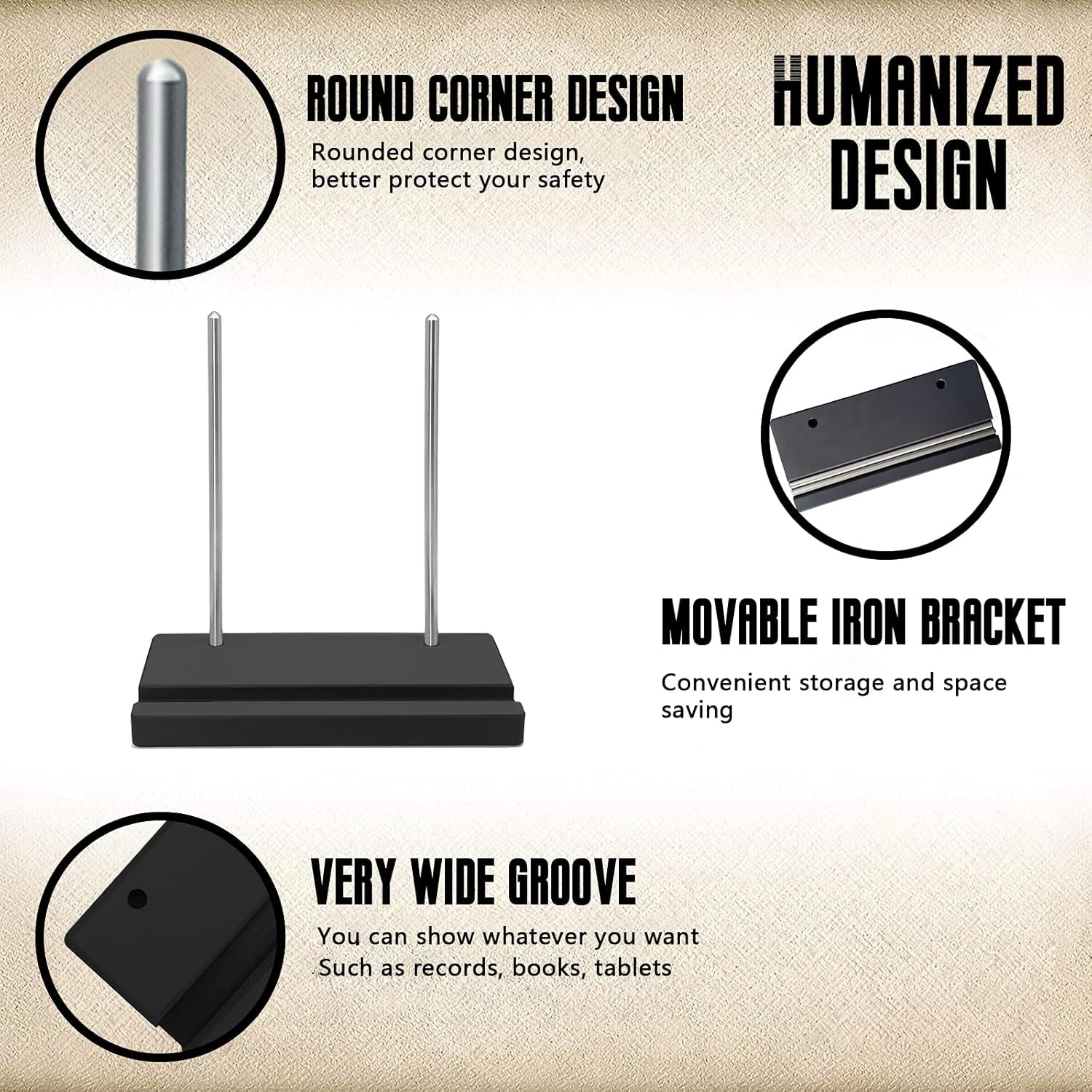 Tabletop Vinyl Record Holder - Display Now Playing, Holds Any Size Record - Doubles, Triple Gatefolds, Box-Sets (Black)