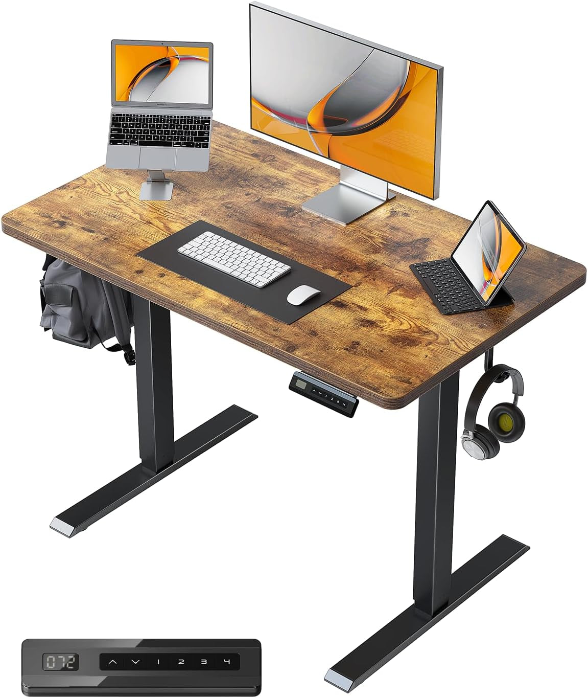 32 X 20 Small One-Piece Standing Desk, Adjustable Height Electric Computer Home Office Sit Stand up Workstation, with 4 Memory Presets, Headphone Hook, Rustic Brown