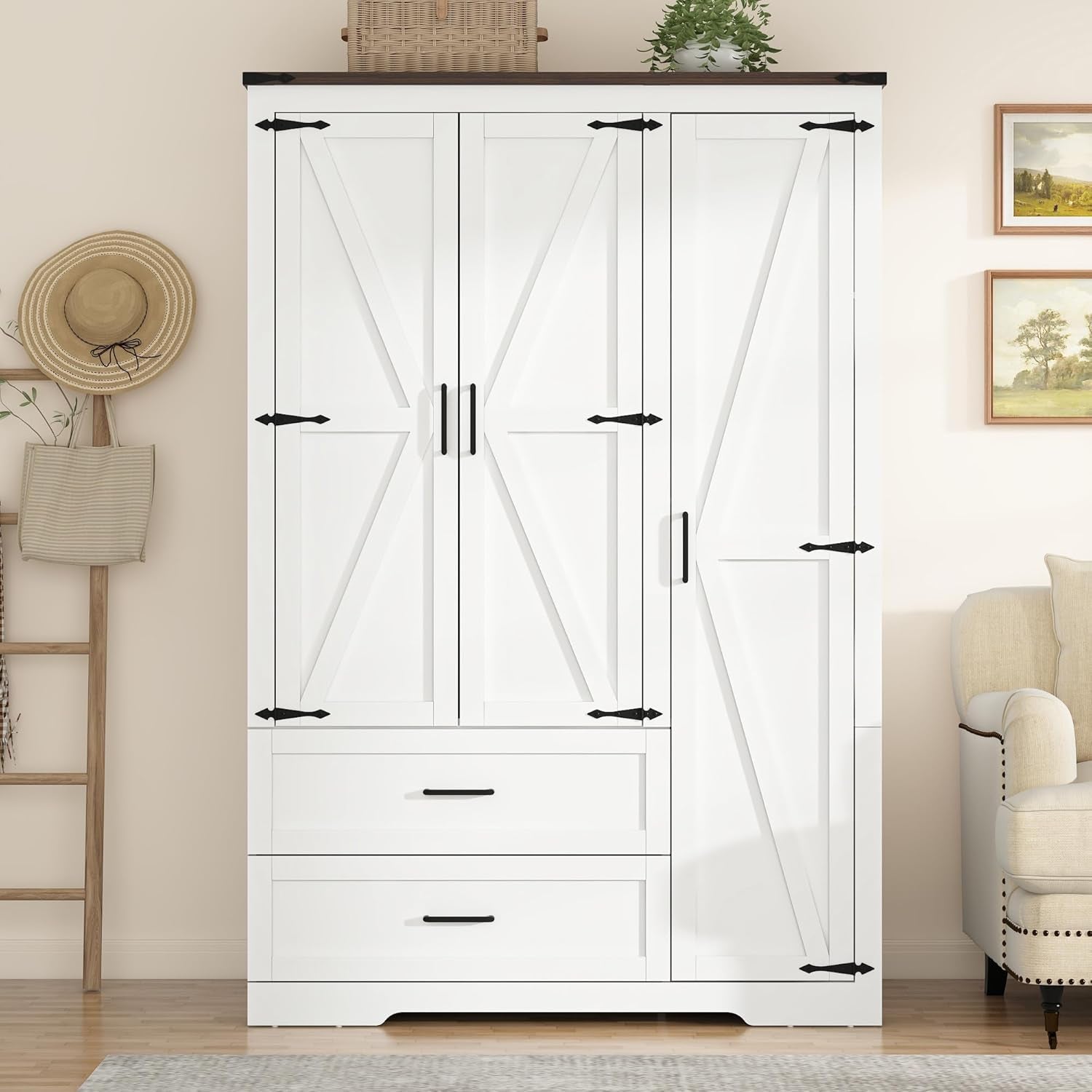 Farmhouse Wardrobe Armoire Closet with 3 Doors and 2 Drawers, 70.1" Wooden Clothing Storage Cabinet, Freestanding Large Capacity Storage Wardrobe Armoire with Hanging Rod for Bedroom, White
