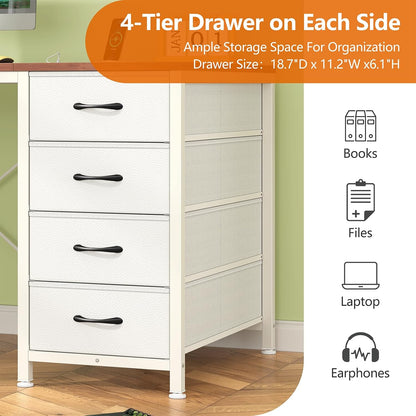 50 Inch Computer Desk with 8 Drawers, Home Office Desk with Power Outlets, Work Study Gaming Desk with 8 Fabric Drawers, Brown and White