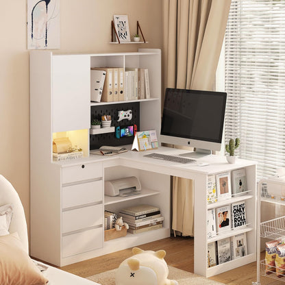 Home Office Desks with Drawers Bookcase,L Shaped Modern Wooden Gaming Computer Table for Work Study Writing,Right Side Corner Desk,White