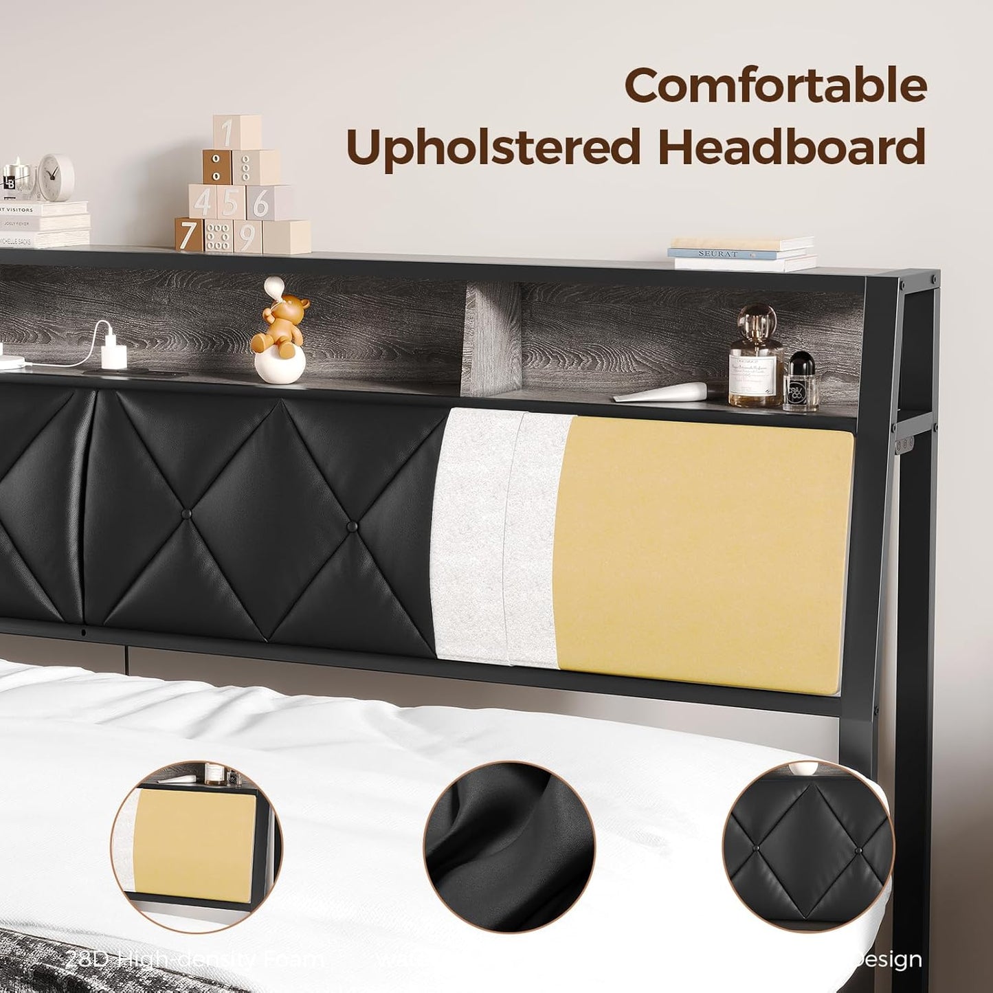 Queen Headboard Only, Headboard for Queen Size Bed with Storage, Upholstered Headboards with LED Lights & Charging Station, Attach Frame, Ideal for Bedroom/Dorm/Guest Room, Black, Faux Leather