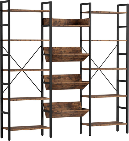 Bookshelf, Bookshelves and Bookcases, Triple Wide 5 Tiers Book Shelf with Baffles, Industrial Bookshelf with Metal Frame for Living Room, Home Office