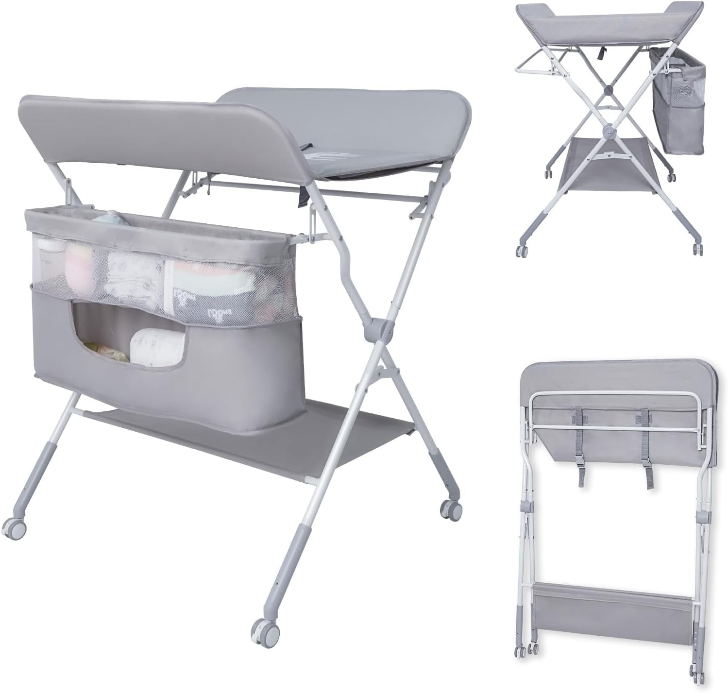 Baby Folding Portable Changing Table, 4-Level Adjustable Height Diaper Changing Station Table for Nursery with Safety Belt, Double Storage Bag, Headrests & Diaper Pad