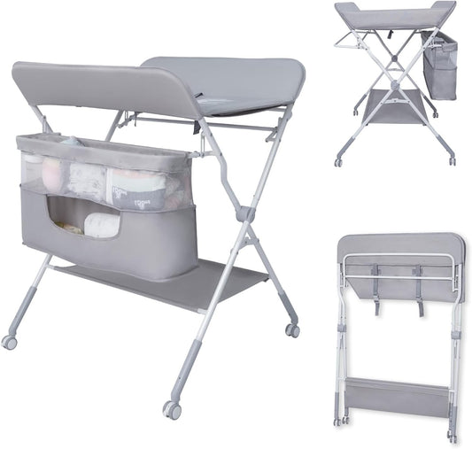 Baby Folding Portable Changing Table, 4-Level Adjustable Height Diaper Changing Station Table for Nursery with Safety Belt, Double Storage Bag, Headrests & Diaper Pad