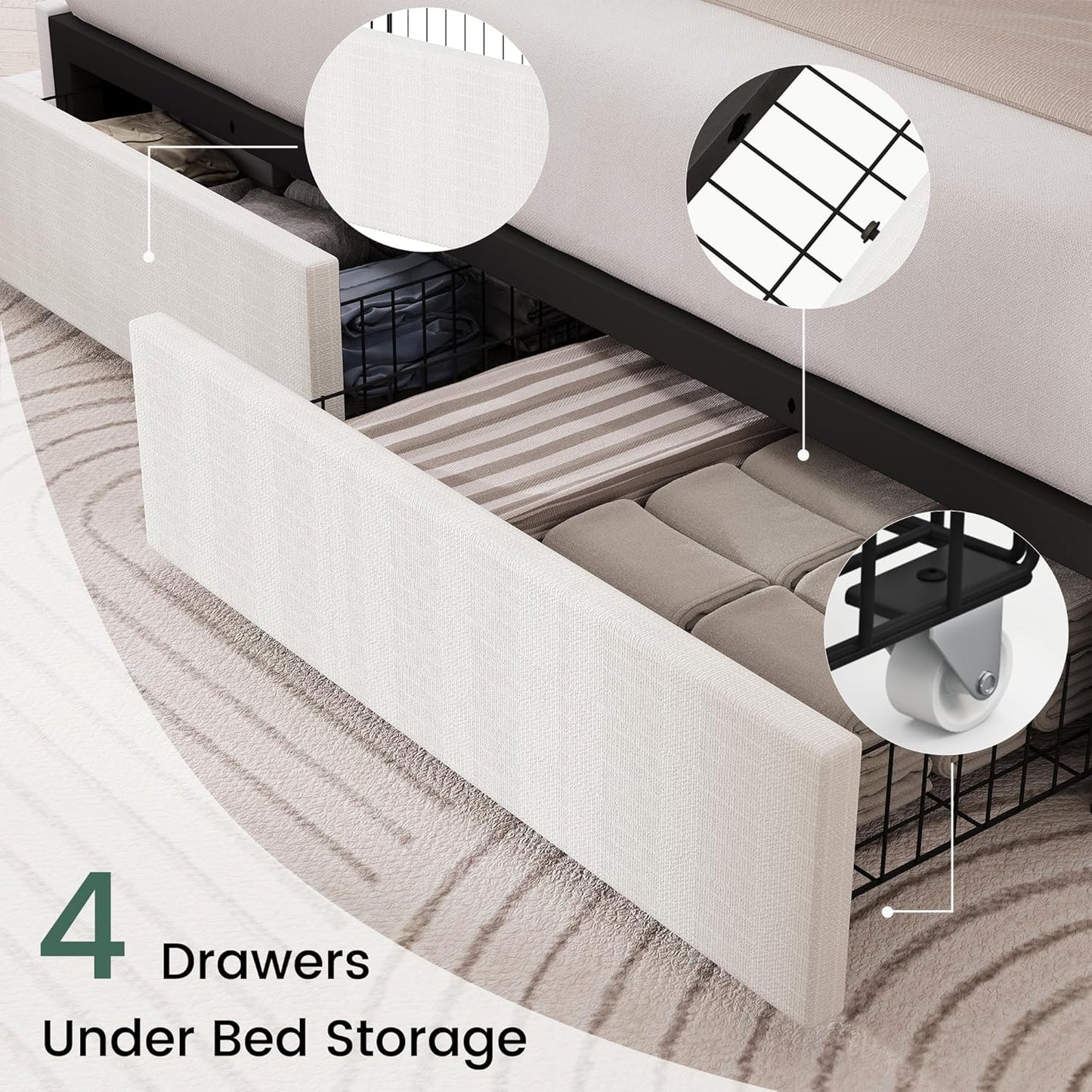 Queen Size Bed Frame with 4 Storage Drawers and Wingback Headboard Linen Upholstered Platform Bed Frame with Wooden Slats, Easy Assembly, White