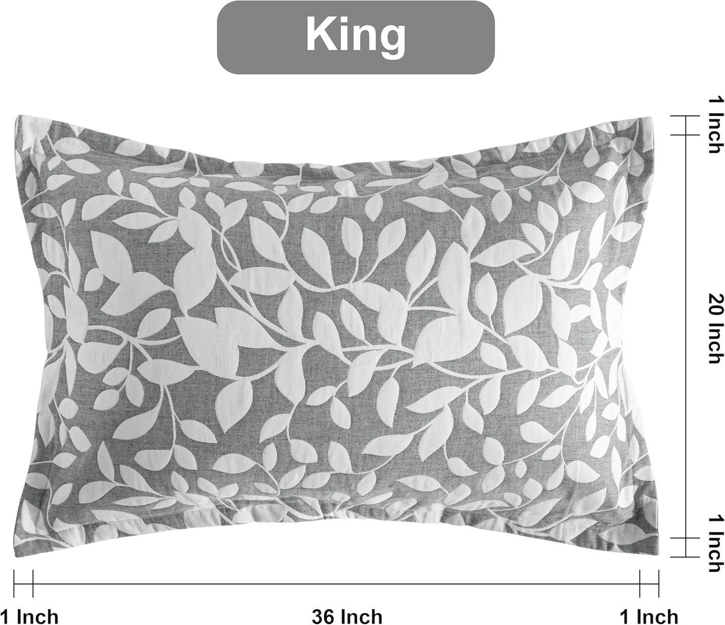 Cotton King Pillow Shams, 3 Layer Muslin Breathable Soft Thermal Yarn Dyed Sham Covers, 2 Pack 20X36 Oxford Pillowcases with Envelope Closure, Grey Leaf