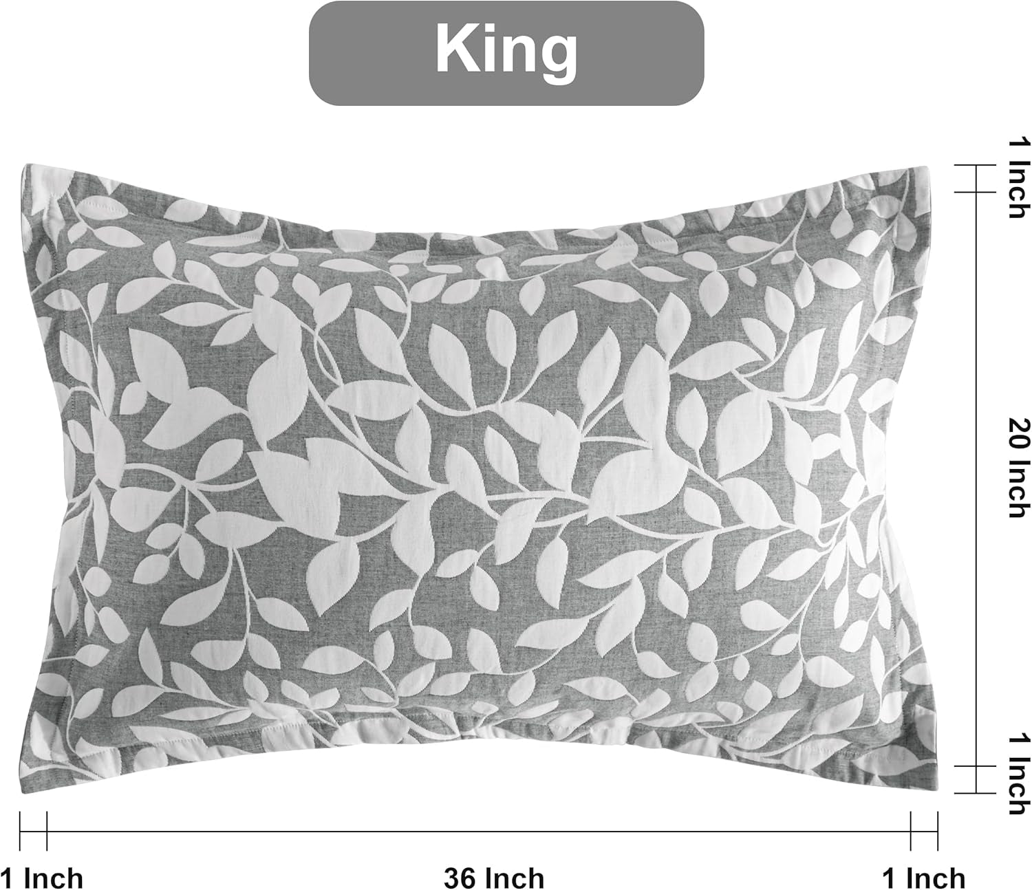 Cotton King Pillow Shams, 3 Layer Muslin Breathable Soft Thermal Yarn Dyed Sham Covers, 2 Pack 20X36 Oxford Pillowcases with Envelope Closure, Grey Leaf