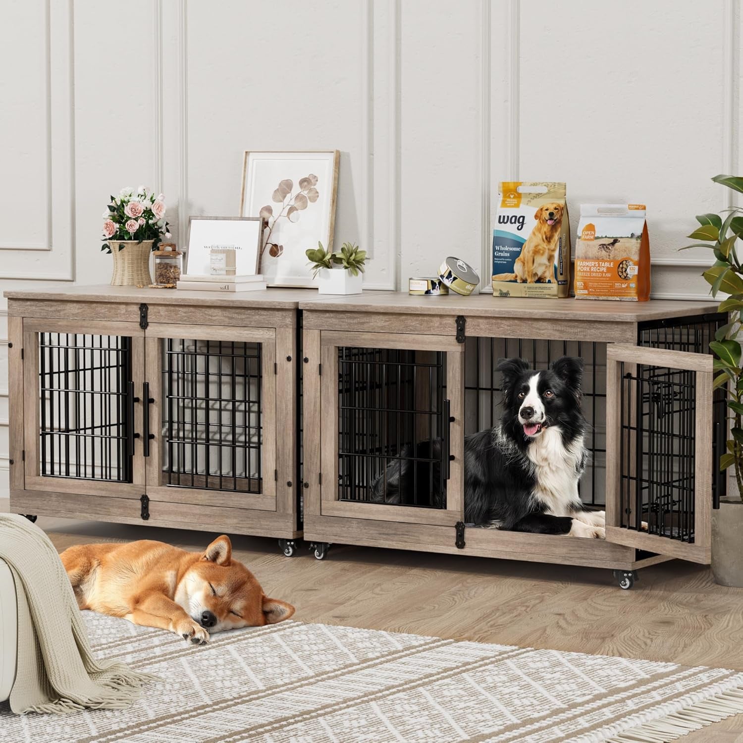 Dog Crate Furniture with Cushion Set of 2, Large Wooden Dog Kennel Indoor with Double Doors, Dog Cage with Wheels, Dog House Side End Table for Large Medium Dogs up to 70 Lb, 38.5” L, Grey