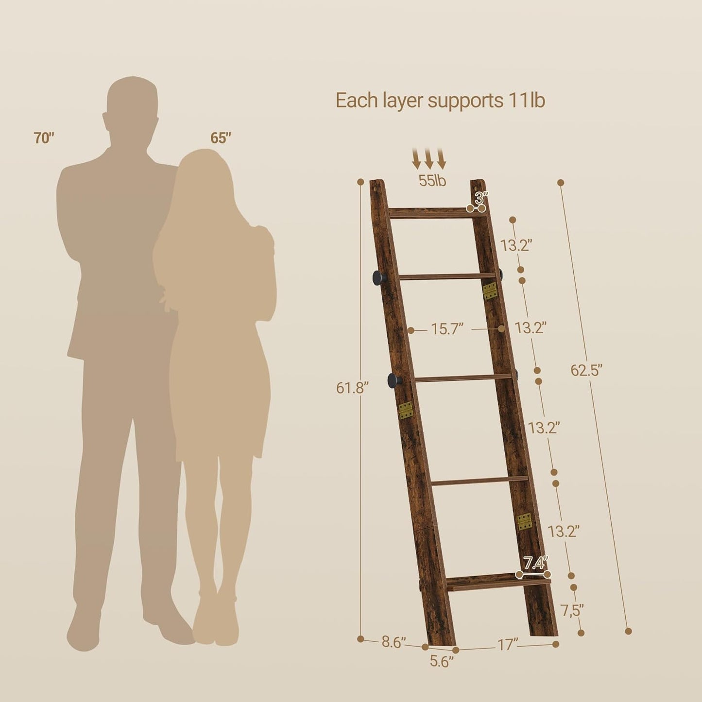 Blanket Ladder for Living Room, Decorative Quilt Rack with 4 Removable Hooks, 5-Tier Blanket Ladder Shelf for Bedroom,Rustic Brown BR30501X