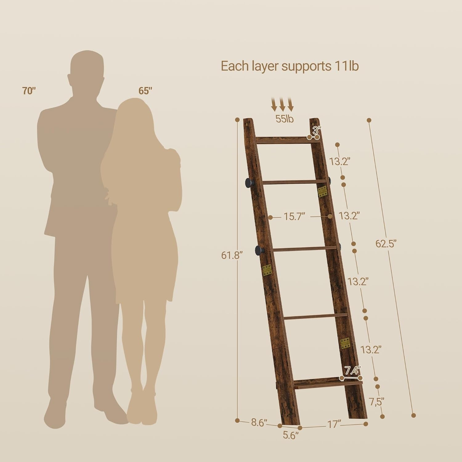 Blanket Ladder for Living Room, Decorative Quilt Rack with 4 Removable Hooks, 5-Tier Blanket Ladder Shelf for Bedroom,Rustic Brown BR30501X